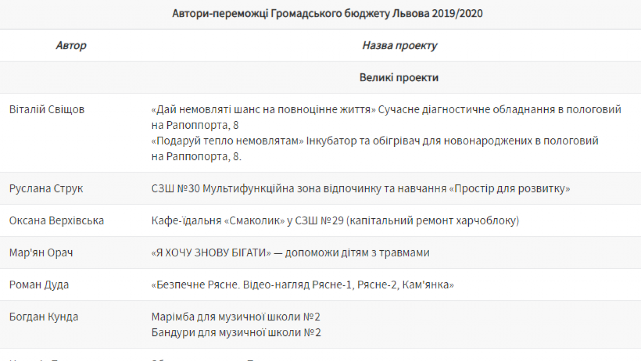 Фрагмент переліку проєктів-переможців Громадського бюджету